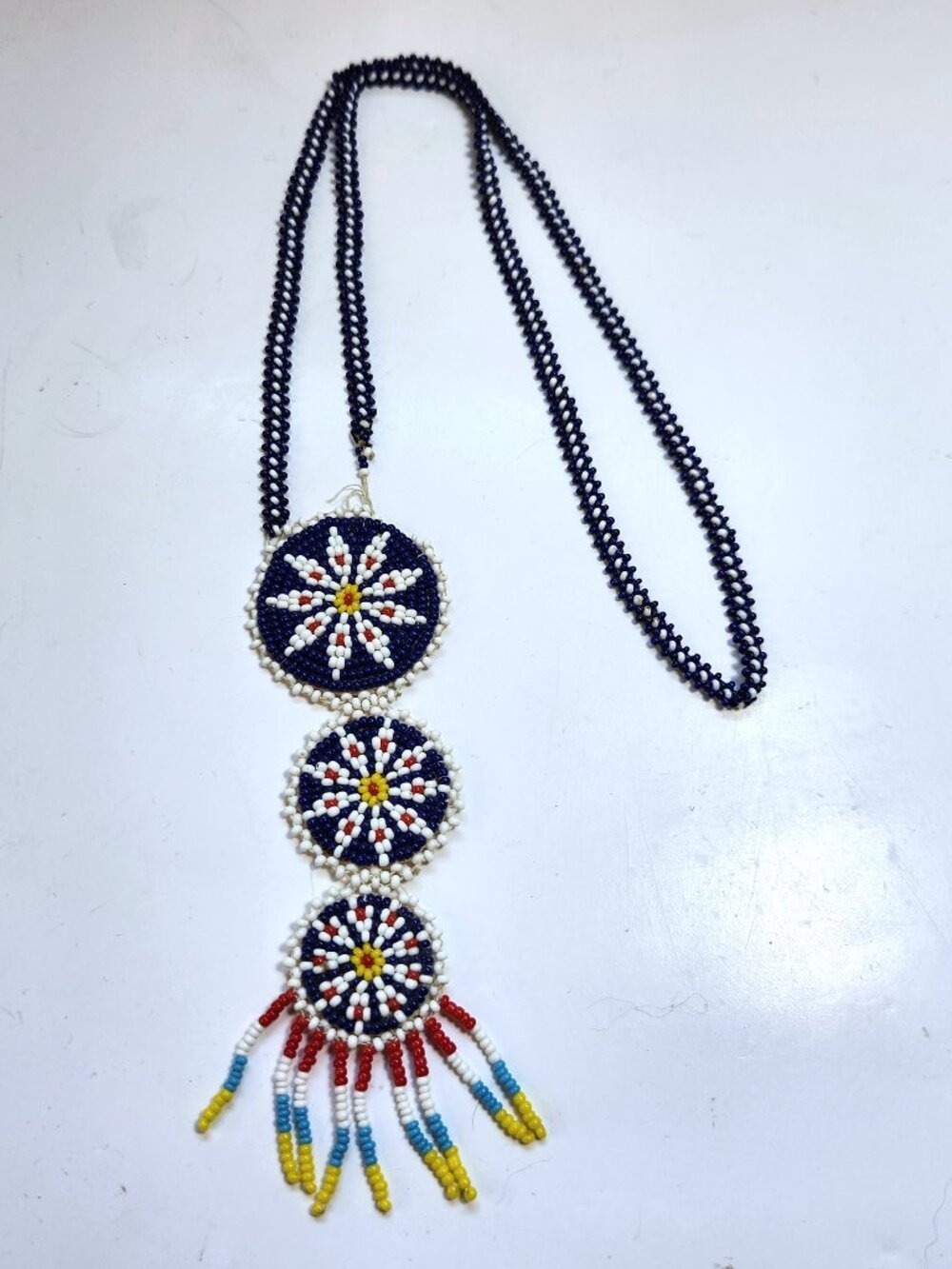 Vintage 3-Tier Seed Bead Medallion Necklace Starburst Fringe Navy Boho 1970s